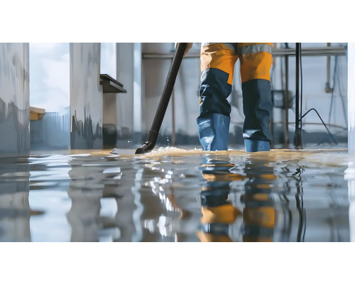 Person mit Nasssauger bei der Beseitigung von Wasser