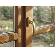 Nahaufnahme eines Holzfensters mit Fenstergriff