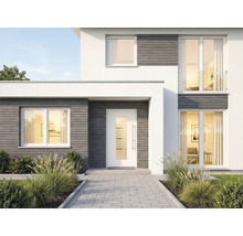 Modernes Haus mit Haustür, Fenstern und gepflastertem Weg