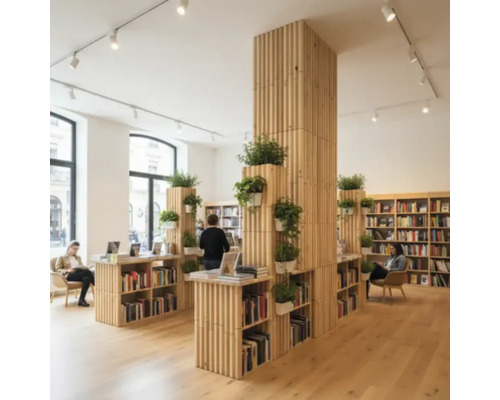 Innenansicht einer Buchhandlung mit Regalen, Pflanzen und Lesebereich.