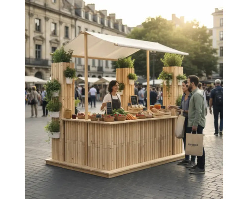 Marktstand aus Holz mit Gemüse und Kräutern auf einem öffentlichen Platz