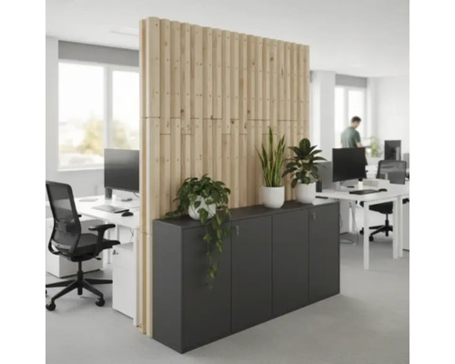 Büro mit Raumteiler aus Holz und Büroschränken