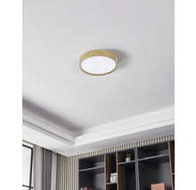 Deckenleuchte mit Holzeinfassung in einem hellen, modernen Raum