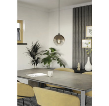 Esszimmer mit Esstisch, Stühlen und Hängelampe mit Glaskugel