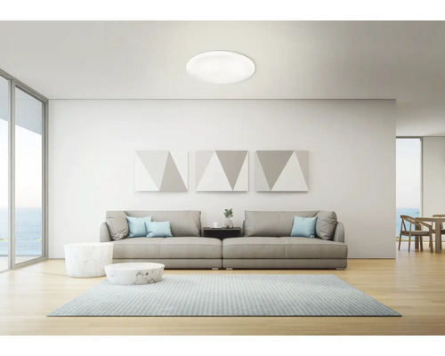 Helles Wohnzimmer mit moderner Deckenleuchte, Sofa und Teppich