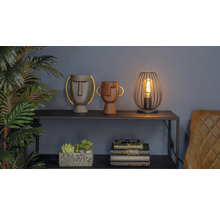 Dekorative Szene mit zwei Vasen mit Gesichtern, einer Lampe und einem Bücherstapel auf einem Regal.