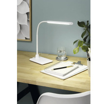 Schreibtisch mit Schreibtischlampe, Notizblock, Stift und Glas Wasser für eine helle und organisierte Arbeitsatmosphäre.