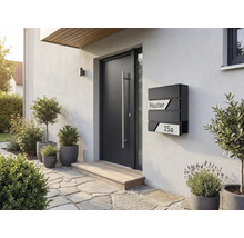 Moderne Hauseingangsszene mit Haustür, Briefkasten und Außenbepflanzung