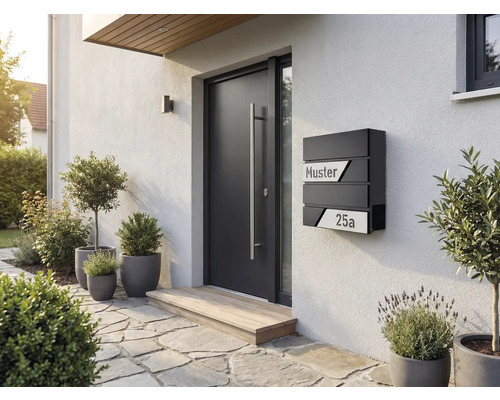 Moderne Hauseingangsszene mit Haustür, Briefkasten und Außenbepflanzung
