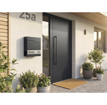 Moderne Hausfassade mit Briefkasten, Haustür und Pflanzen