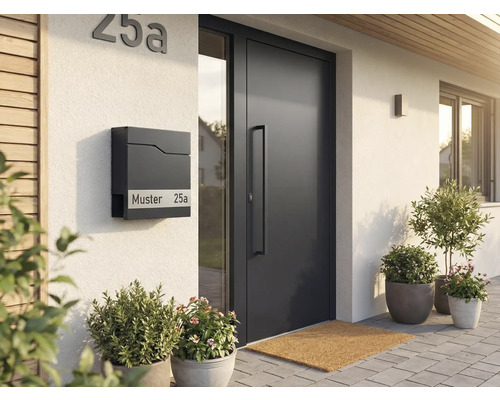 Moderne Hausfassade mit Briefkasten, Haustür und Pflanzen