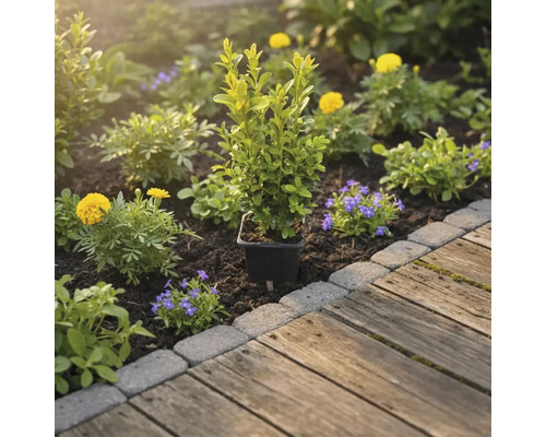 Gartenbeet mit Buchsbaum im Topf, gelben und blauen Blumen neben Holzweg