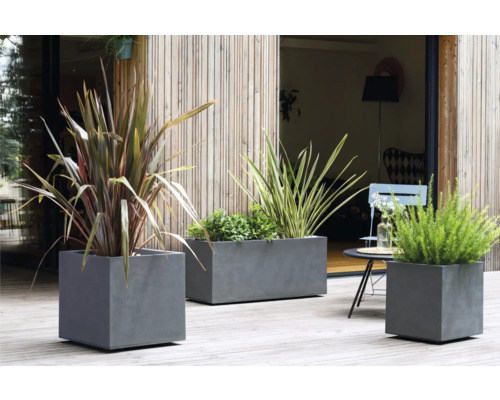 Drei graue Pflanzkübel aus Beton auf einer Terrasse mit verschiedenen Pflanzen