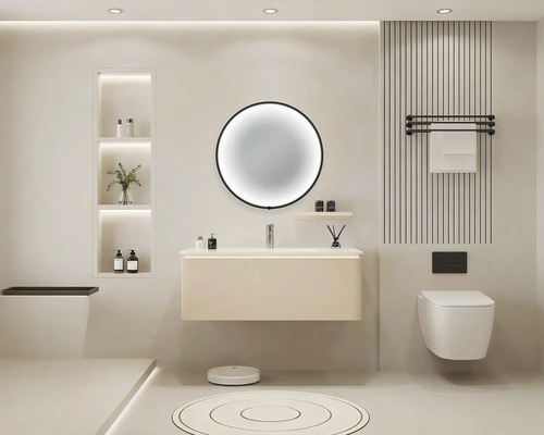 Modernes Badezimmer mit rundem Spiegel, Waschtisch, Toilette und Handtuchhalter