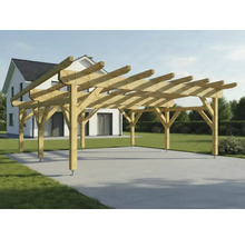 Holzcarport mit Flachdach und Stahlankern im Garten