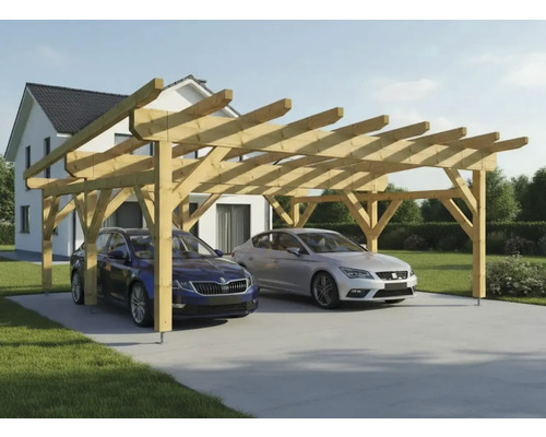 Doppelcarport aus Holz mit zwei geparkten Autos vor einem Haus