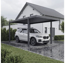 Modernes Carport aus Metall mit Auto auf gepflasterter Auffahrt vor Haus.