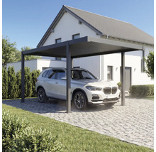 Modernes Carport aus Metall mit Auto vor einem Wohnhaus