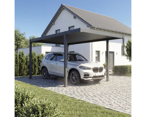 Modernes Carport aus Metall mit Auto vor einem Wohnhaus