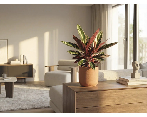 Innenaufnahme eines Wohnzimmers mit einer Gebetspflanze in einem Topf auf einer Kommode