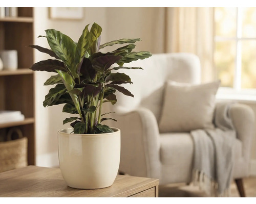 Calathea Zimmerpflanze in Keramiktopf auf einem Tisch