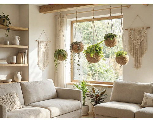 Wohnzimmer mit Sofas und hängenden Pflanzen in Kokosnussschalen.