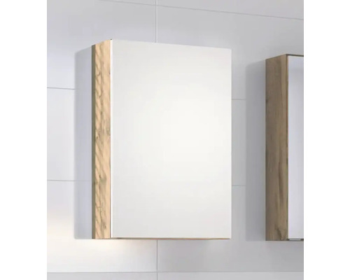 Einflügeliger Spiegelschrank für das Badezimmer mit Korpus in Holzoptik und verspiegelter Front.