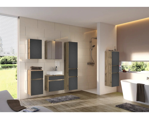 Modernes Badezimmer mit Badmöbel-Set in Anthrazit und Eiche-Optik, bestehend aus Waschtisch, Spiegelschrank und Hochschränken, Dusche und Badewanne.