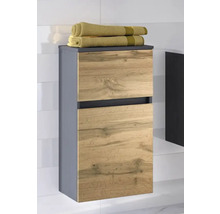 Wandhängender Badezimmer-Seitenschrank mit Korpus in Anthrazit und Fronten in Eiche-Dekor, griffloses Design.