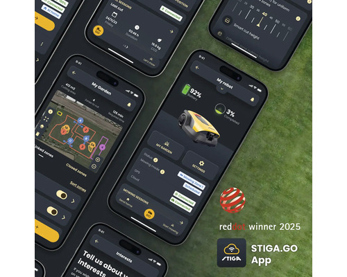 Mehrere Smartphones zeigen die STIGA.GO App zur Steuerung von Rasenrobotern