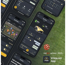 Mehrere Smartphones zeigen die Benutzeroberfläche der Stiga Go App zur Steuerung von Rasenmährobotern. Red Dot Gewinner 2025. Stiga Logo.
