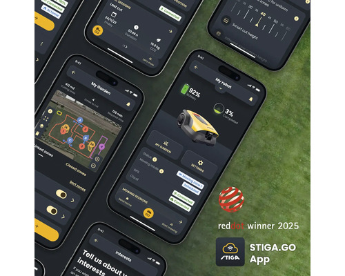 Mehrere Smartphones zeigen die Benutzeroberfläche der Stiga Go App zur Steuerung von Rasenmährobotern. Red Dot Gewinner 2025. Stiga Logo.