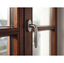 Detailansicht eines Fensters mit Holzrahmen und Fenstergriff