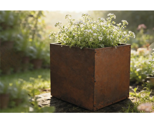 Quadratischer Pflanzkasten aus Metall mit Blumen