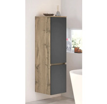 Wandhängender Badezimmer-Hochschrank in Eichenoptik mit zwei anthrazitfarbenen Fronten in einem hellen, modernen Badezimmer.