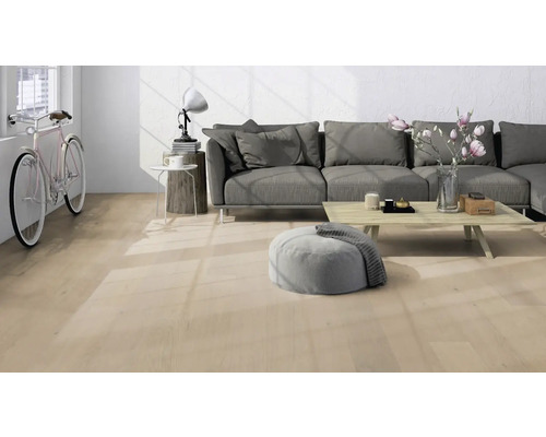 Heller Wohnraum mit Holzboden, Sofa und Dekorationen