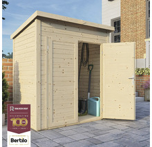 Gartenschrank aus Holz mit geöffneter Tür, im Hintergrund Gartengeräte. Rowlinson Group Logo. Bertilo Logo.