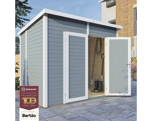 Gartenschuppen aus Holz mit Doppeltür und Werkzeugen im Inneren