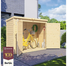 Offener Holzgeräteschuppen mit Fahrrad, Gartenschlauch, Besen und Spaten