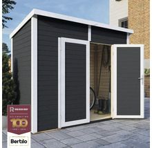 Gartenschuppen mit Doppeltür, Holzstruktur und Rowlinson Group Logo