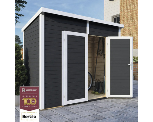 Gartenschuppen mit Doppeltür, Holzstruktur und Rowlinson Group Logo