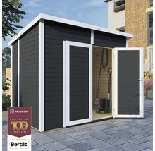 Gartenhaus mit geöffneten Doppeltüren zur Aufbewahrung von Gartengeräten