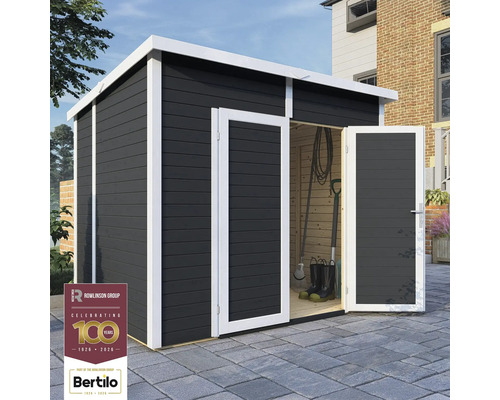 Gartenhaus mit geöffneten Doppeltüren zur Aufbewahrung von Gartengeräten