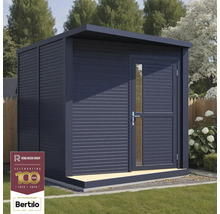 Modernes Gartenhaus mit Flachdach und einer Tür mit Fenstereinsatz.