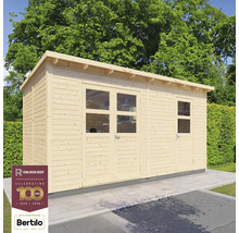 Holzgartenhaus mit Fenstern und Türen vor Bäumen und Rowlinson Group Logo