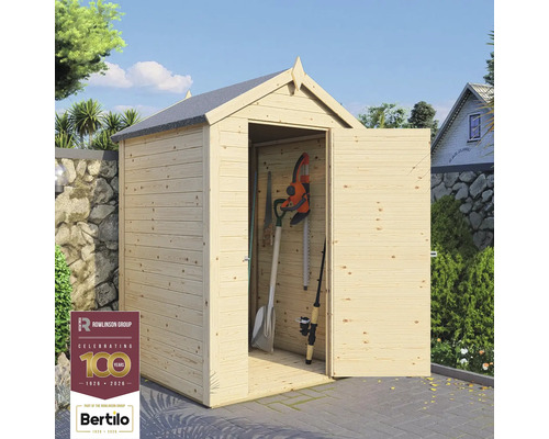 Gerätehaus Mini mit Fußboden 134 x 136 cm natur exclusiv bei Hornbach Gartenschuppen aus Holz mit geöffneten Türen und Gartengeräten im Inneren
