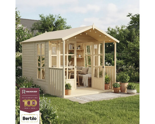 Gartenhaus Bertilo She Shed Arley mit Fußboden 214 x 305 cm natur Holzgartenhaus mit Terrasse, Möbeln und dekorativen Pflanzen im Garten