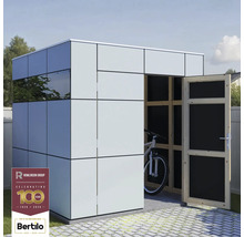 Moderner Geräteschuppen mit geöffneter Tür und Fahrrad im Inneren