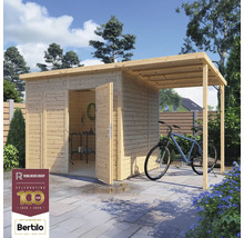 Holzgartenhaus mit geöffneten Türen und überdachtem Stellplatz für ein Fahrrad