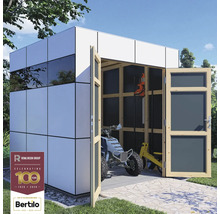 Modernes Gerätehaus mit geöffneten Holztüren, Innenraum mit Quad und Gartengeräten, Rowlinson Group Logo